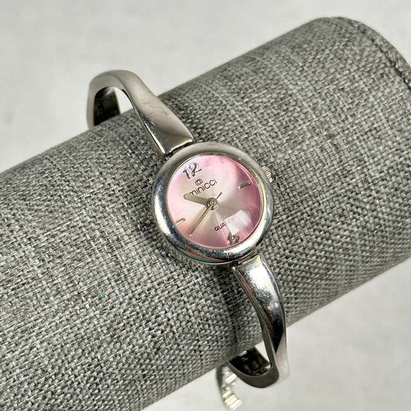 Minicci Watch Womens 21mm Pink Dial Curved Band Silver Tone 6.5" New Battery - Picture 1 of 10